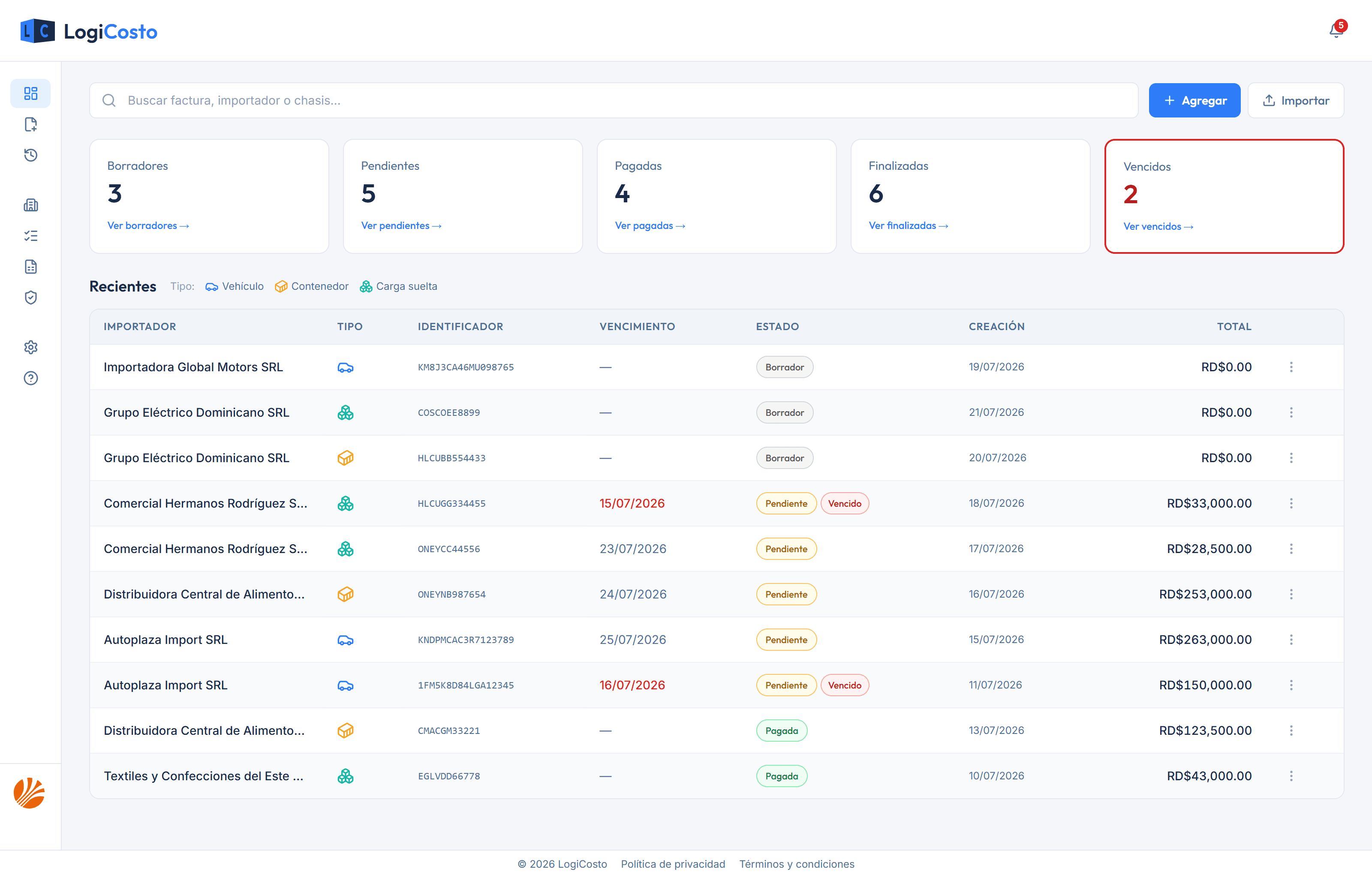 Panel de inicio de LogiCosto: contadores por estado y facturas recientes con importador, tipo, identificador, vencimiento y total.