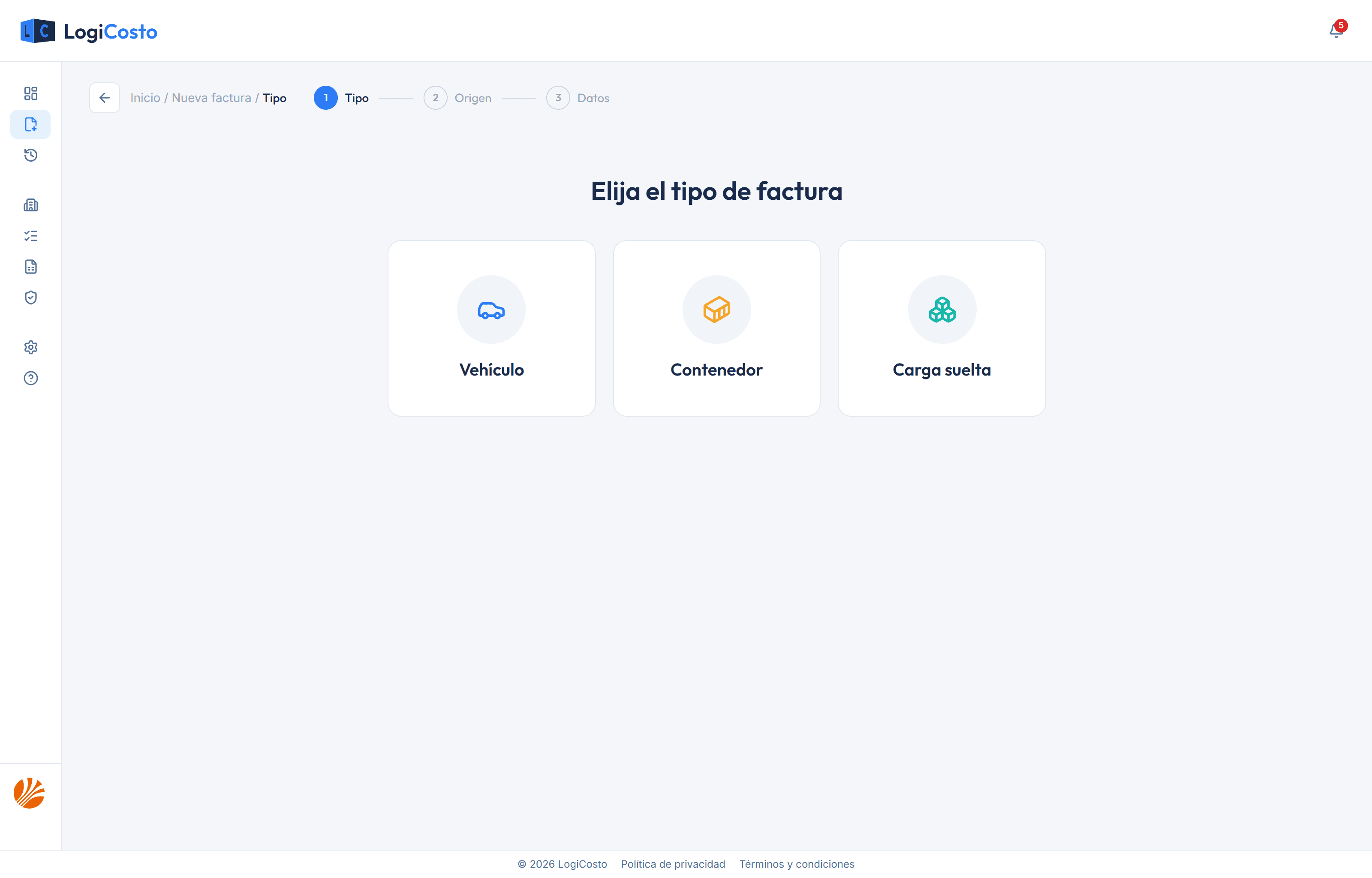 Asistente de nueva factura de LogiCosto, paso 1: elegir el tipo entre Vehículo, Contenedor o Carga suelta.