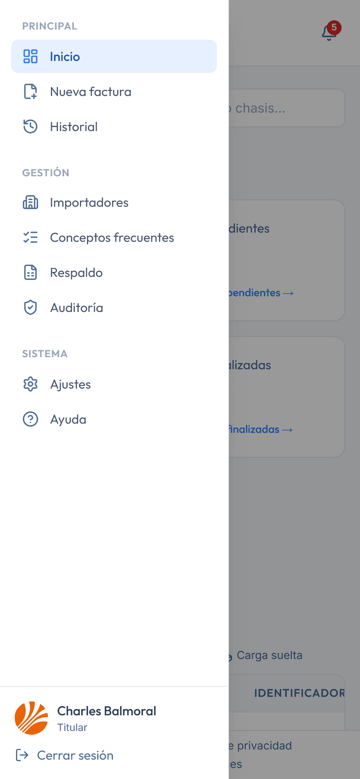 Menú de navegación de LogiCosto en el teléfono.