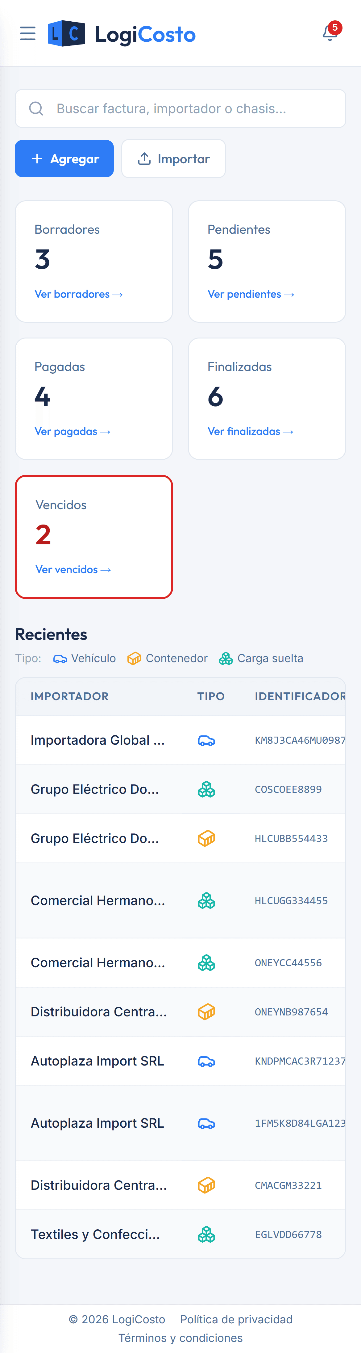 Panel de inicio de LogiCosto en el teléfono, con contadores por estado.
