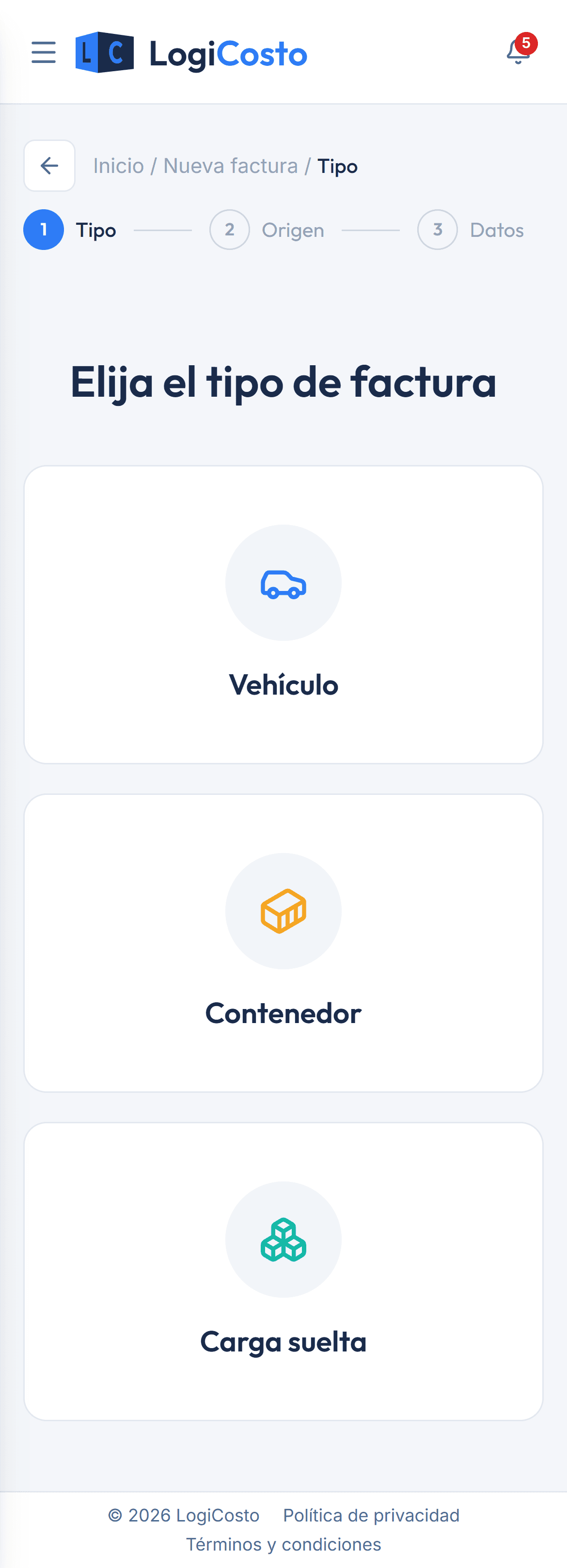 Asistente de nueva factura de LogiCosto en el teléfono.